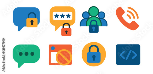 Flat vector icons of secure messaging apps: lock chat, encrypted message, private group, voice call, chat bubble, screenshot block, data privacy, code icon.