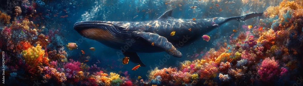 Fototapeta premium A majestic whale gracefully swims through a vibrant underwater coral reef, surrounded by a kaleidoscope of colorful marine life