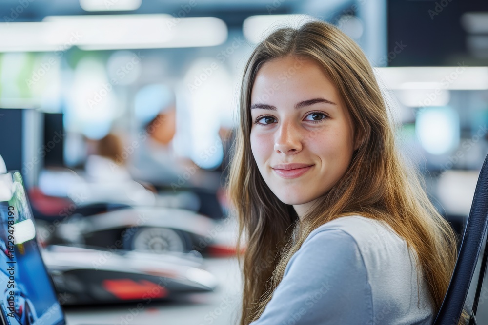 Young Woman Smiling While Working at a Modern Computer Station Young Woman Smiling While Working at a Modern Computer Station