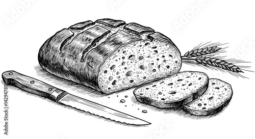 Rustic bread loaf sliced with knife and wheat stalks  