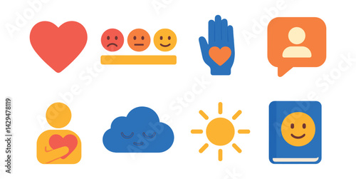 Flat vector icons of emotional wellbeing apps: heart icon, joy scale, empathy hand, share story, self-love symbol, calm cloud, healing light, emotion journal.