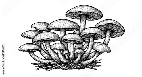 Detailed Illustration of Clustered Mushrooms on White Background  