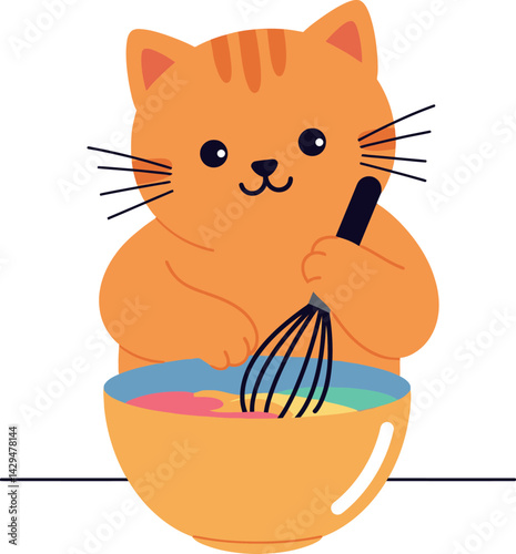 Orange Cat Cooking Mixing Batter in Yellow Bowl Cute Kitchen Activity Vector Illustration 
