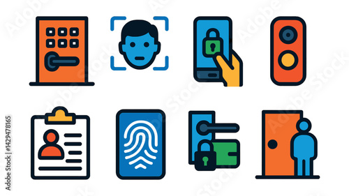 Flat vector icons of smart lock systems: keypad door, face scan, mobile unlock, doorbell cam, access history, fingerprint reader, smart access, guest entry.