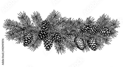 Pine garland with cones in black and white illustration style  
