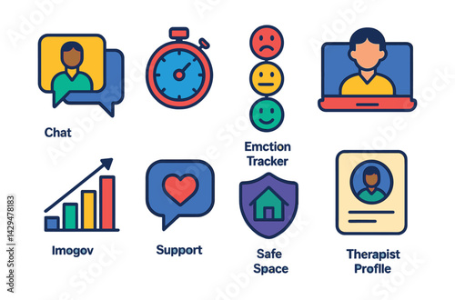 Flat vector icons of online therapy platforms: chat with therapist, session timer, emotion tracker, video call icon, weekly progress, support message, safe space, therapist profile.