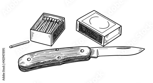 Pocket knife and matchbox illustration in black and white  
