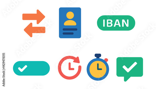 Flat vector icons of bank transfer: transfer arrows, recipient form, IBAN field, swift code, confirm button, processing icon, timer, success notification.