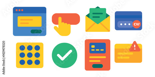 Flat vector icons of online payment: checkout screen, pay button, email receipt, CVV input, virtual keypad, success tick, payment form, transaction alert.