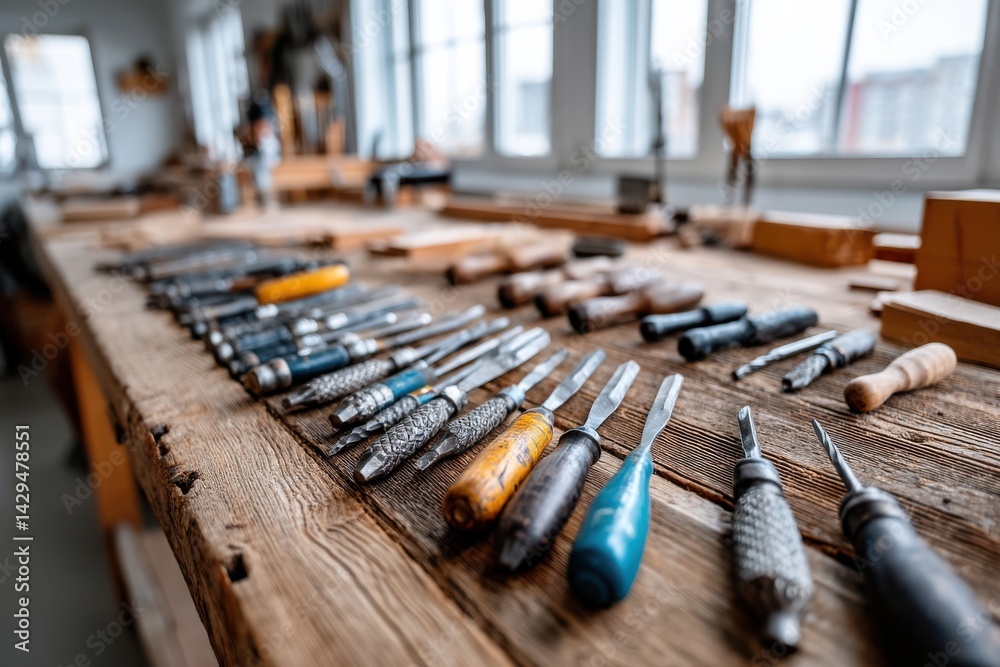 Naklejka premium Collection of woodworking tools arranged on a rustic workbench in a bright workshop during the day
