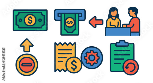 Flat vector icons of withdrawal services: cash icon, ATM withdrawal, withdrawal button, over-the-counter service, withdrawal limit, receipt, service charge, withdrawal history.