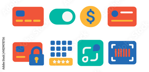 Flat vector icons of virtual card services: digital card, toggle on/off, spending limit, card preview, card lock, virtual number, app integration, generate code.