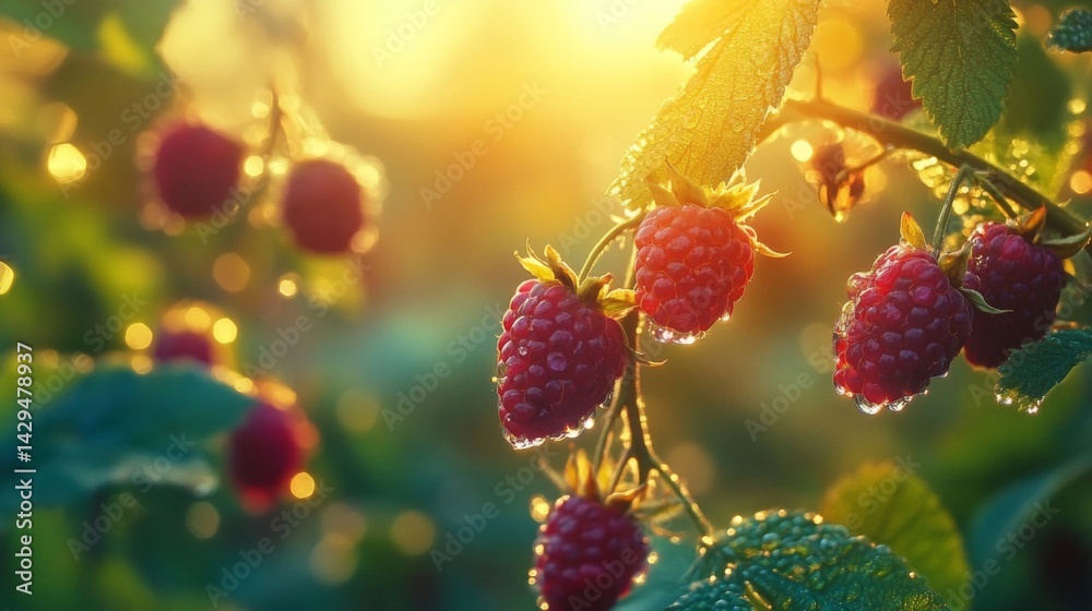 Ripe Raspberries on Branch in Morning Sunlight Ripe Raspberries on Branch in Morning Sunlight