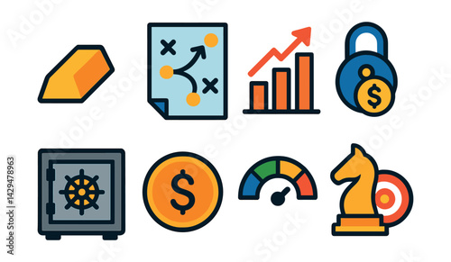 Flat vector icons of gold investment: gold bar, investment plan, ROI chart, savings lock, secure vault, gold coin, risk meter, wealth strategy.