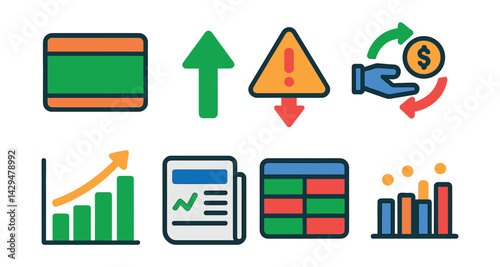 Flat vector icons of stock market finance: stock ticker, up arrow, loss alert, trade icon, bullish chart, stock news, exchange board, trading volume.