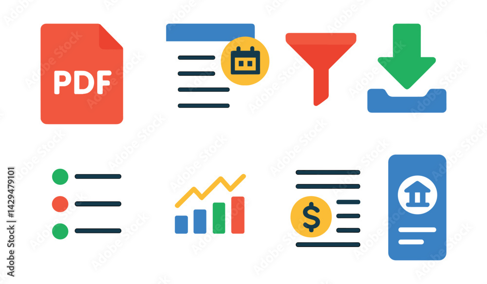 Flat vector icons of bank statement management: PDF file, monthly report, filter button, download arrow, transaction list, overview graph, charge highlight, statement icon. Flat vector icons of bank statement management: PDF file, monthly report, filter button, download arrow, transaction list, overview graph, charge highlight, statement icon.
