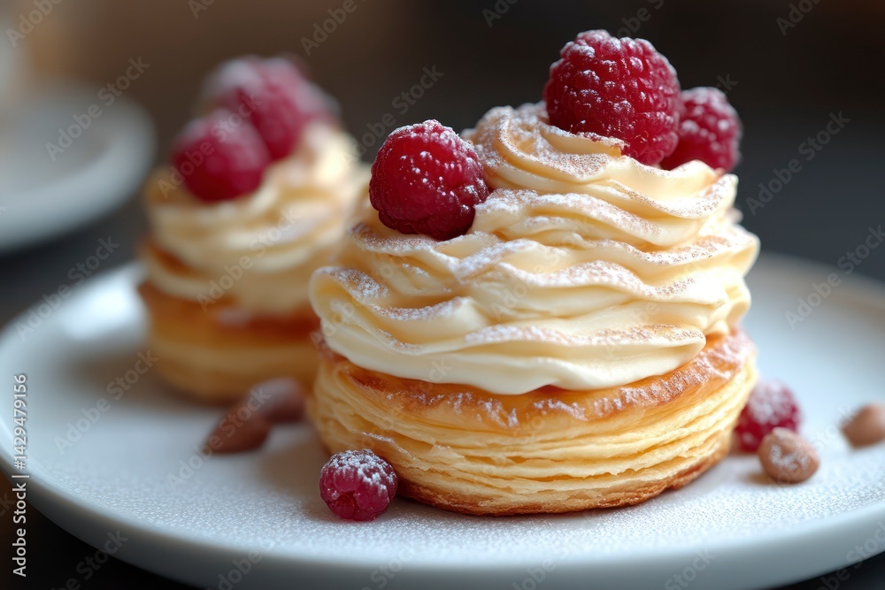 Delicious Raspberry Topped Cream Puffs with Powdered Sugar and Hazelnuts Perfect for Dessert P Delicious Raspberry Topped Cream Puffs with Powdered Sugar and Hazelnuts Perfect for Dessert P
