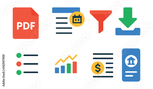 Flat vector icons of bank statement management: PDF file, monthly report, filter button, download arrow, transaction list, overview graph, charge highlight, statement icon.