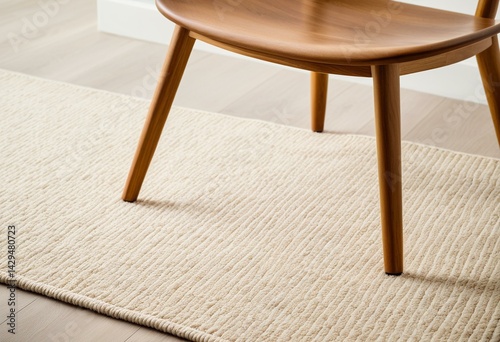 Detail shot of wooden chair leg on soft fabric rug with clea