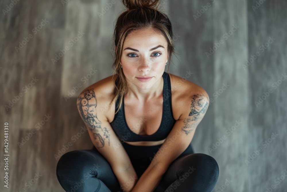 Fototapeta premium Fit caucasian female in activewear with tattoos sitting on floor