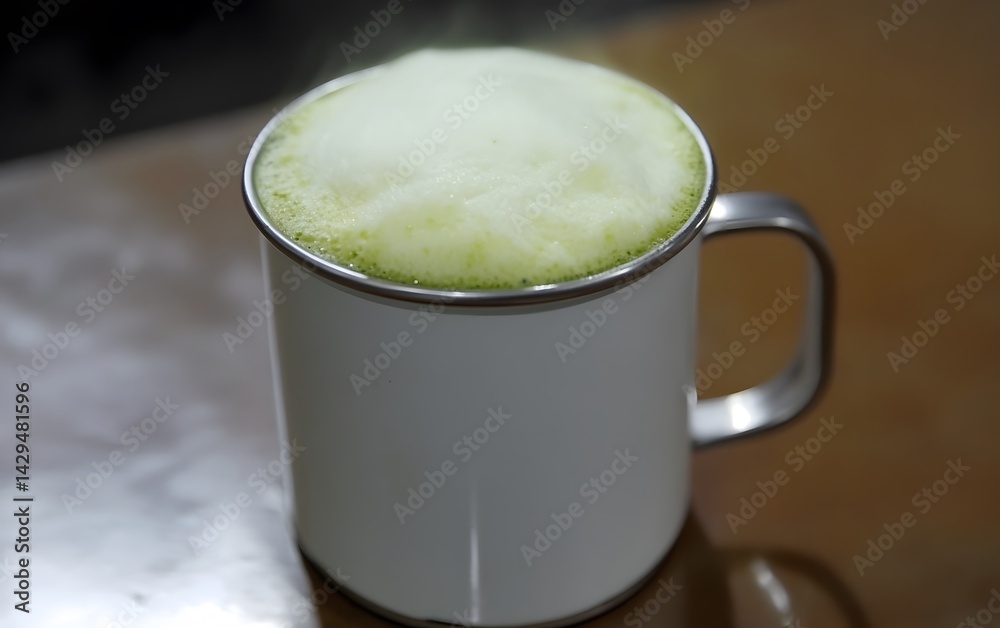 Steaming Hot Matcha Latte in Enamel Mug Closeup Steaming Hot Matcha Latte in Enamel Mug Closeup