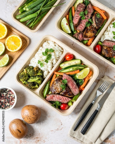 Healthy meal prep with fresh ingredients and balanced nutrition in meal containers on a kitchen countertop