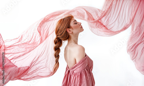 AI generated image of a red-haired woman in a flowing pink fabric captured in motion, her head tilted gracefully upward. A poetic blend of softness, strength, and airy elegance.