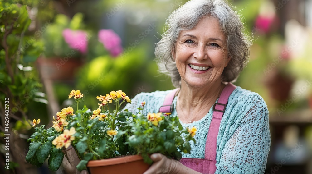 Fototapeta premium Happy Senior Woman Gardener Holding Potted Yellow Flowers Spring Gardening Hobby Smiling Portrait Outdoors Nature plant bloom green sunny fresh image 