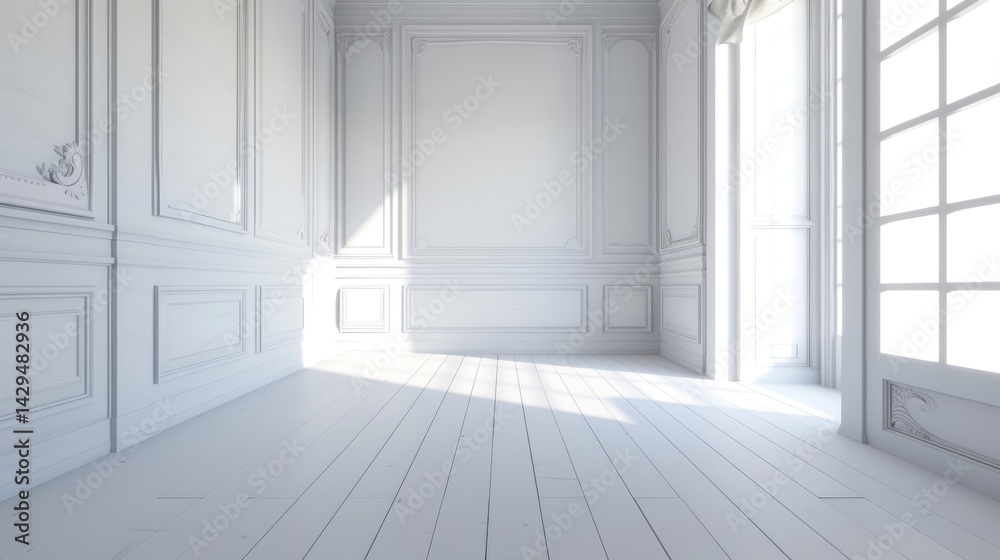 Fototapeta premium a photo realistic white room, a white floor, and a dado rail and panelling adds a subtle detail, soft light streams in from the right 