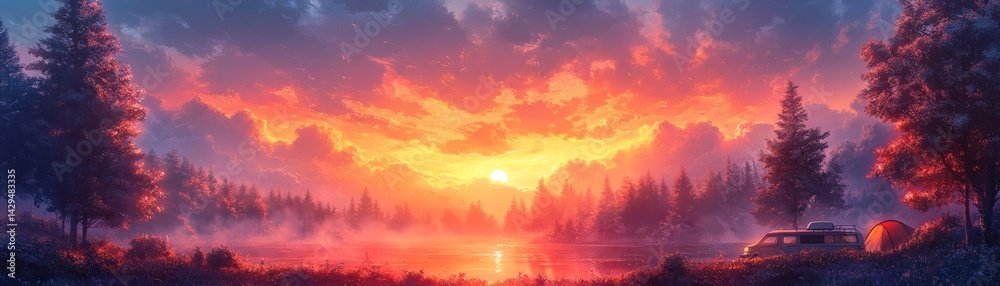 Fototapeta premium Vibrant sunset over a peaceful lake, with silhouettes of trees framing the sky