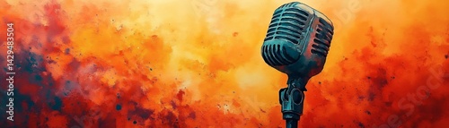Retro microphone against fiery background.  A vintage microphone stands alone, ready for a performance. The vibrant background evokes a sense of energy and passion. 