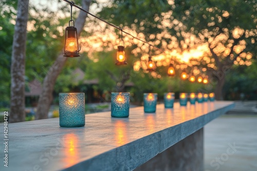 Warm evening glow from lanterns and tealight candles at an outdoor gathering by the sunset