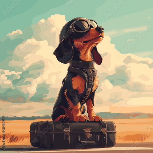 Cartoon vector illustration of a Dachshund with a leather flight helmet and goggles perched on a suitcase at an airstrip with soft clouds behind