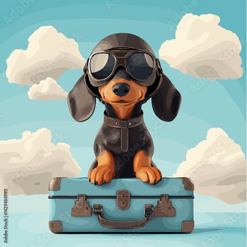Cartoon vector illustration of a Dachshund with a leather flight helmet and goggles perched on a suitcase at an airstrip with soft clouds behind