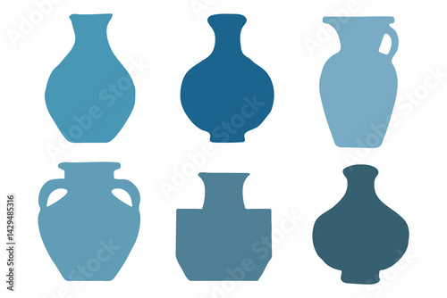 Hand drawn abstract vase set in boho style. Minimalist antique ceramic pottery for interior. Suitable for flat design illustration, clip art, stickers, etc