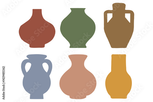 Hand drawn abstract vase set in boho style. Minimalist antique ceramic pottery for interior. Suitable for flat design illustration, clip art, stickers, etc