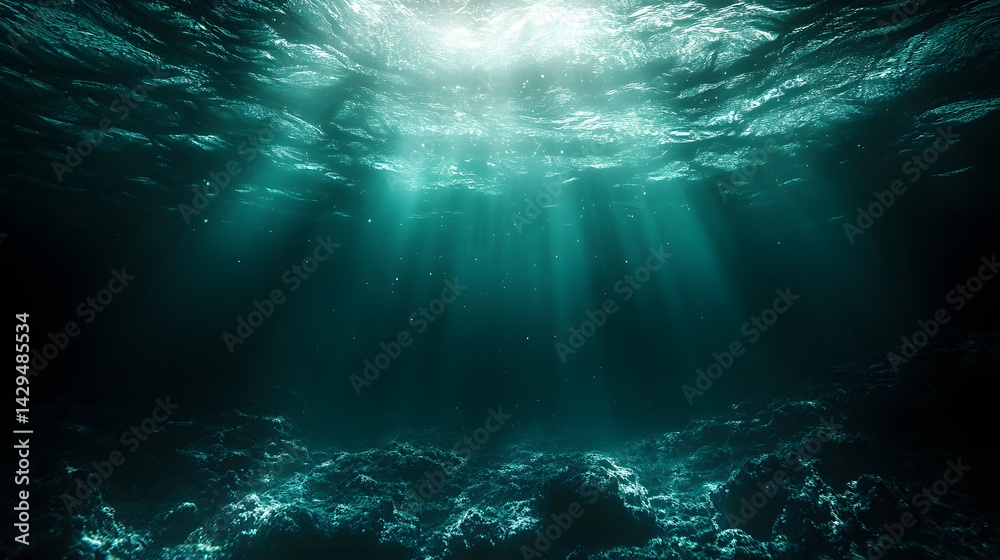 Fototapeta premium Mysterious Deep Ocean Underwater Scene Sunbeams Dark Seabed