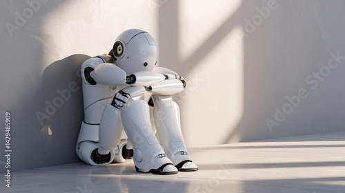 Sad Robot Sitting Alone in a Bright Open Room
