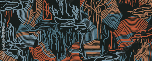 Experimental hand drawn brush line abstract background, Japanese, ethnic and tribal wood carving, engraving, block print texture pattern, irregular line art for textile, carpet