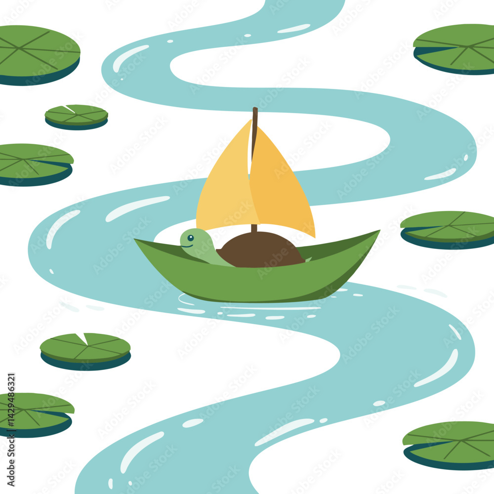 Naklejka premium Duck-shaped green boat with yellow sail sailing on winding river with lily pads vector illustration
