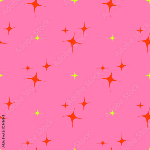 Playful retro pop art seamless pattern with orange and yellow wavy sparkles on pink and stars in bold neon style for packaging, fabric, wrapping, girly designs, stationery, digital backgrouns, etc.