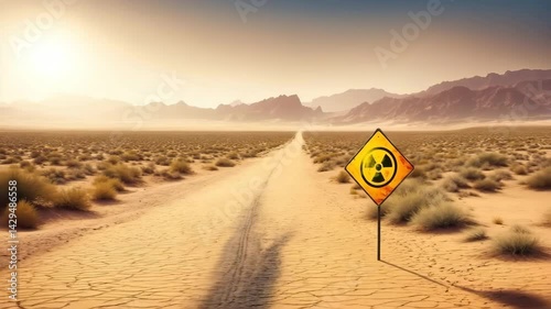 Yellow diamond-shaped road sign with a black radioactive symbol stands on a deserted sandy road leading into a radioactive wasteland