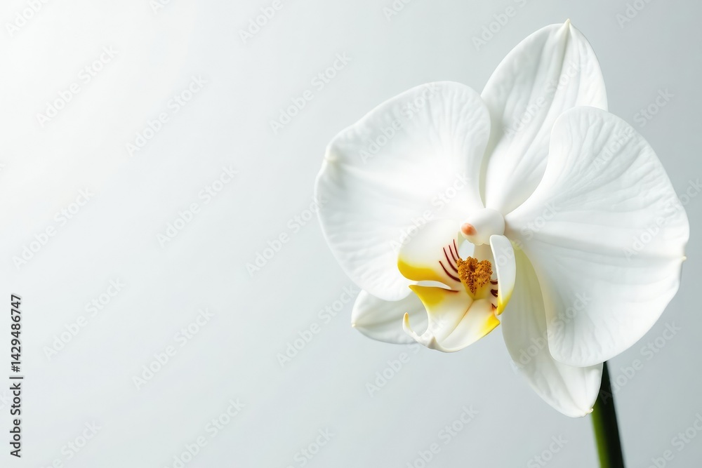 Fototapeta premium Delicate white orchid blossom against pure white backdrop, summer, nature