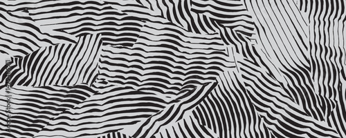 Hand drawn brush line abstract collage waves pattern, Japanese and ethnic wood carving, engraving, calligraphy pen texture background, irregular curvy line art for carpet, textile, decoration