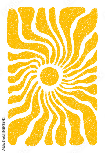 Sun groovy retro vertical banner isolated on transparent background. Hand drawn swirl wavy psychedelic pattern with vintage grainy stippling texture . Modern retro Matisse style vector illustration