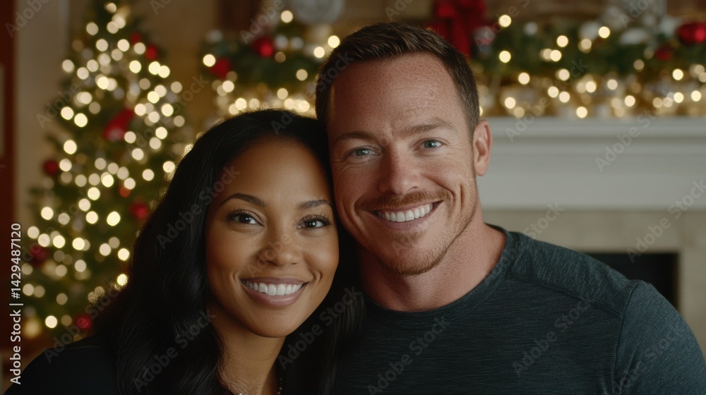 A man and woman are smiling for the camera in front of a Christmas tree A man and woman are smiling for the camera in front of a Christmas tree