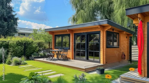Modern wooden cabin with black trim and large glass doors sits on a deck surrounded by a lush green lawn and garden under a bright, partly cloudy sky