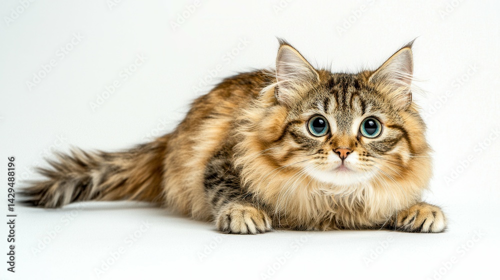 Fototapeta premium A cat with blue eyes is laying on a white background