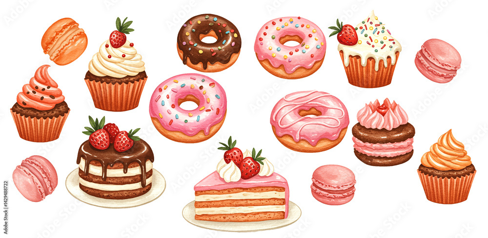 Assorted desserts include cupcakes, macaroons, donuts with frosting Assorted desserts include cupcakes, macaroons, donuts with frosting