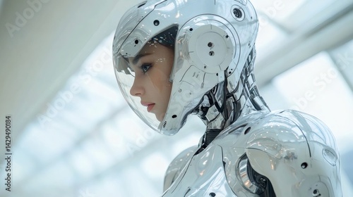 A futuristic woman dressed in a metallic space suit, helmet looking up. The overall composition suggests a sense of space exploration, futuristic, or sci-fi theme.